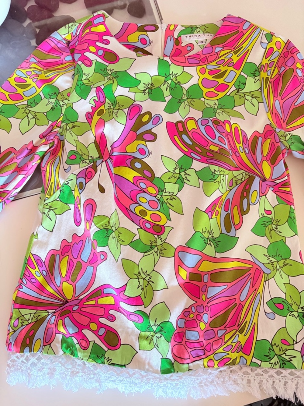 Trina Turk Bright Butterfly & Floral Print Top in Hot Pink, Lime Green & Aqua